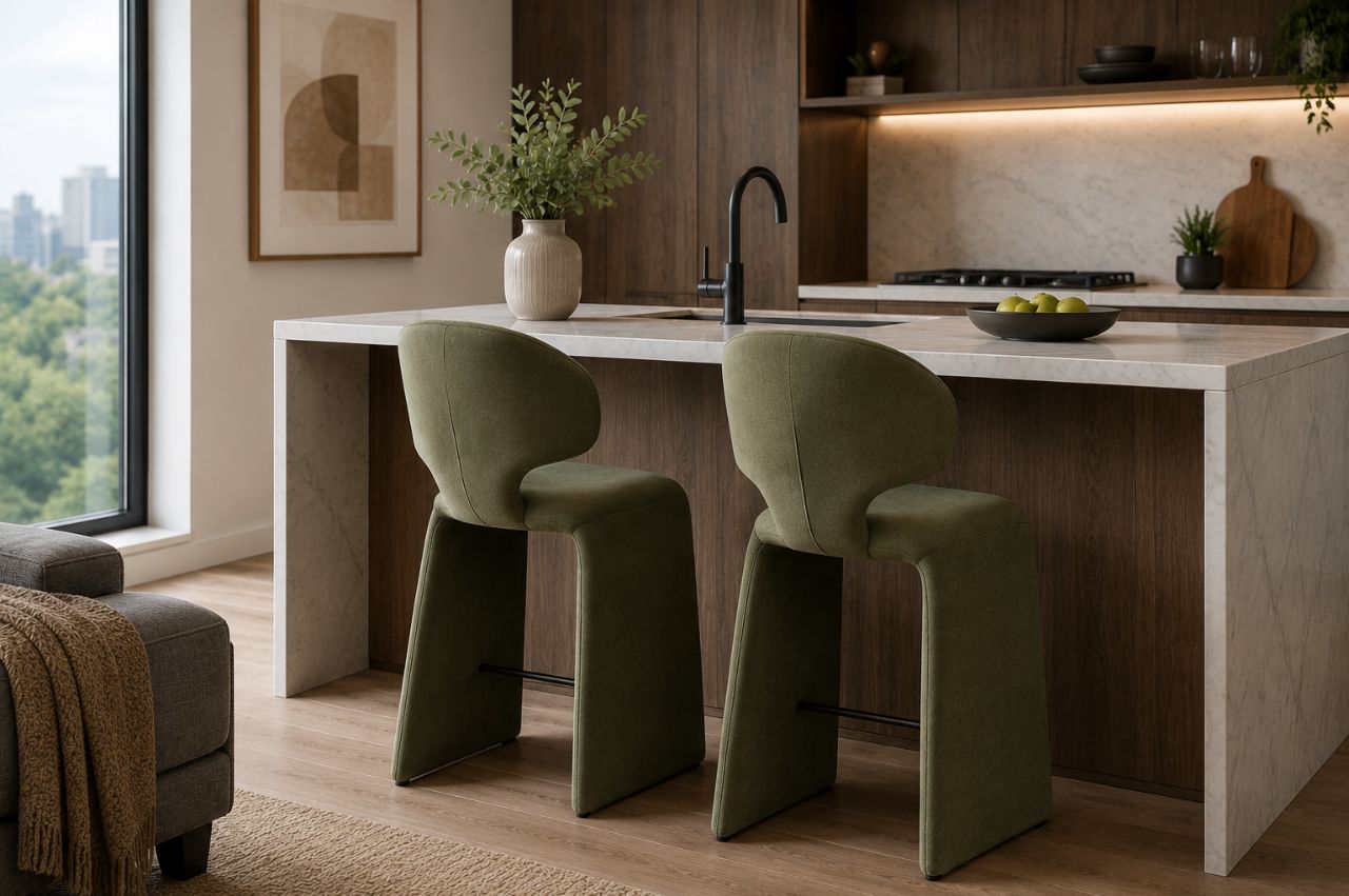 Modern condo kitchen island with upholstered counter stools in a stylish Canadian condo interior