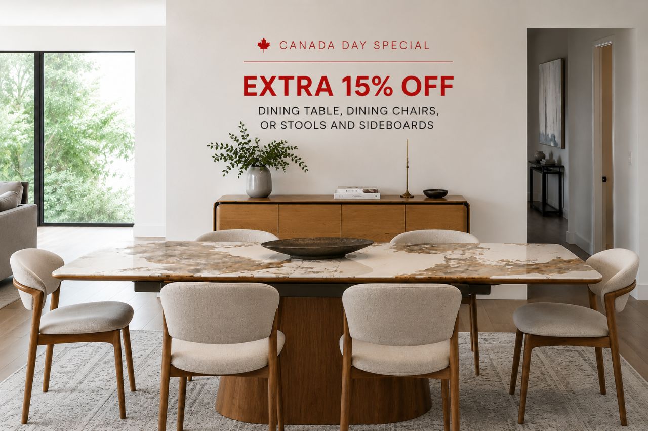Luxury dining table and upholstered dining chairs showcased in a contemporary dining room during the Accents@Home Canada Day sale.