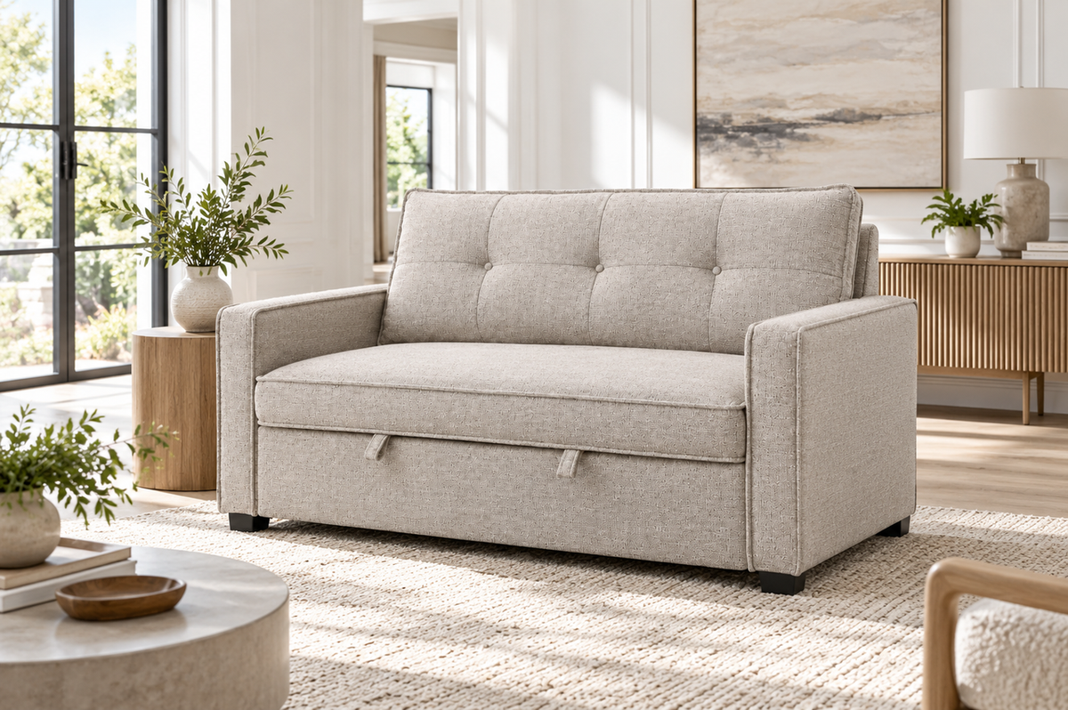 Light beige sofa bed in a bright, modern living room with neutral décor, natural wood accents, a textured rug, and large windows.