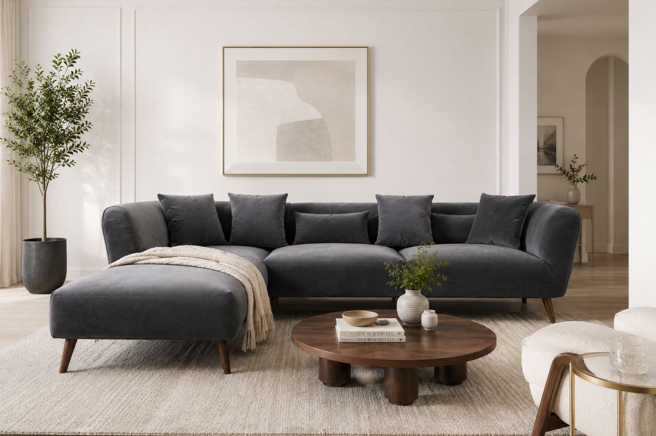Modern luxury living room with a charcoal chaise sofa, round wood coffee table, neutral rug, and minimalist décor showcasing affordable high-end living room design ideas.