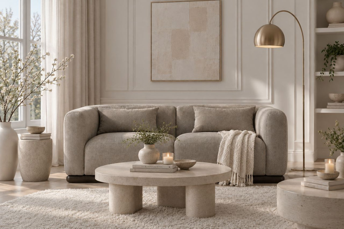 Taupe loveseat with matching cushions and cream throw blanket in a warm minimalist living room with a round stone coffee table, plush neutral rug, and soft natural light.