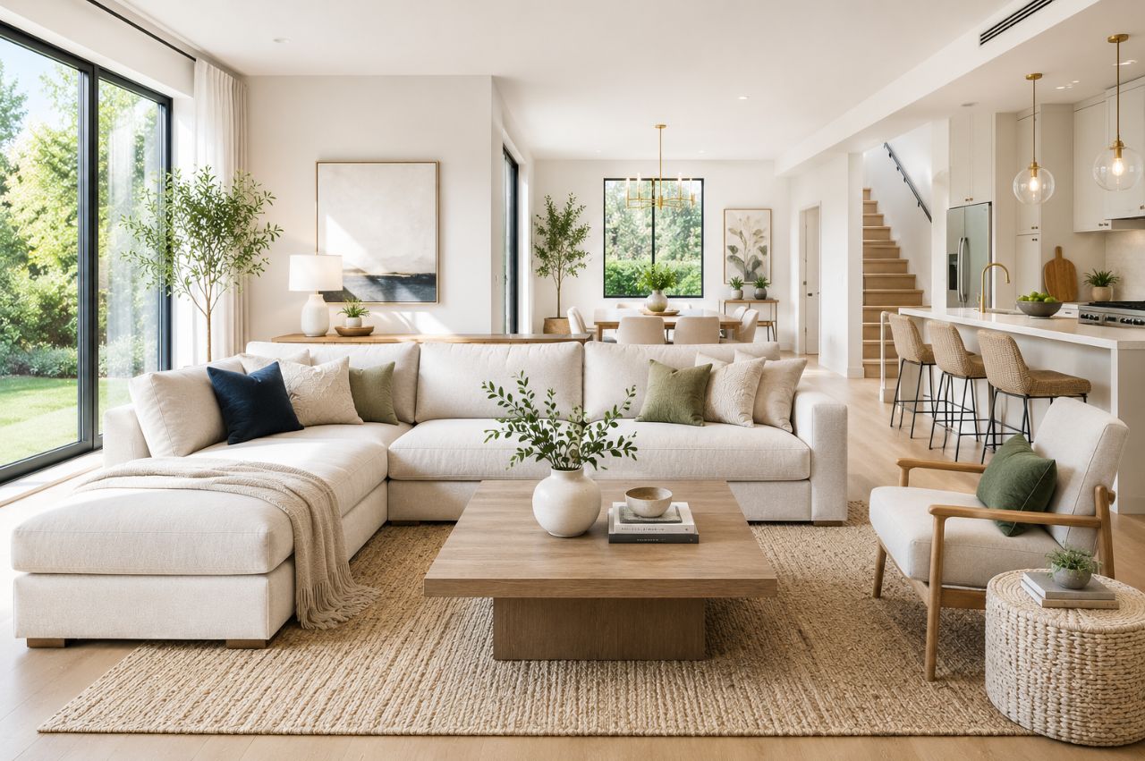 Modern sectional sofa in a bright open-concept living room showcasing functional seating for family living