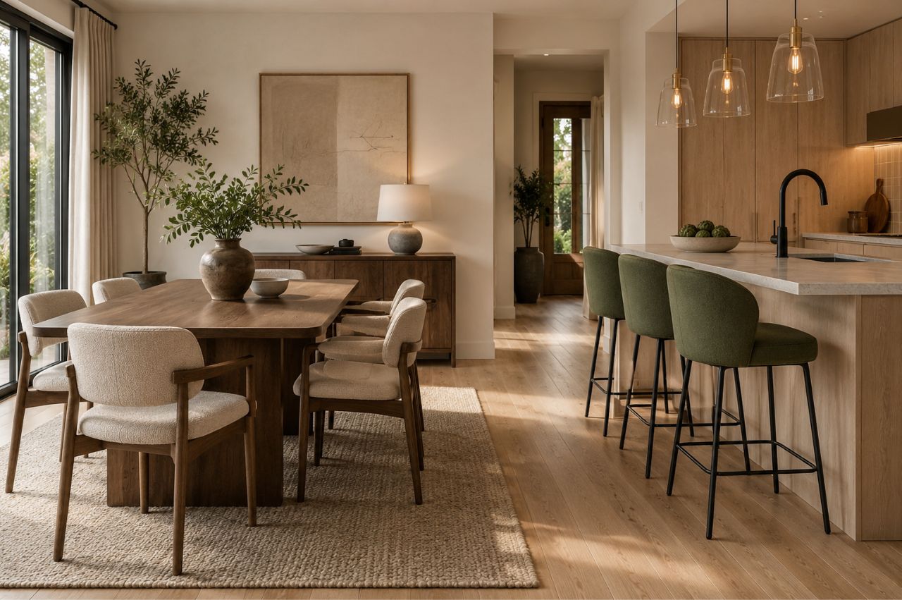 Coordinated dining chairs and kitchen counter stools in a modern open-plan dining and kitchen space