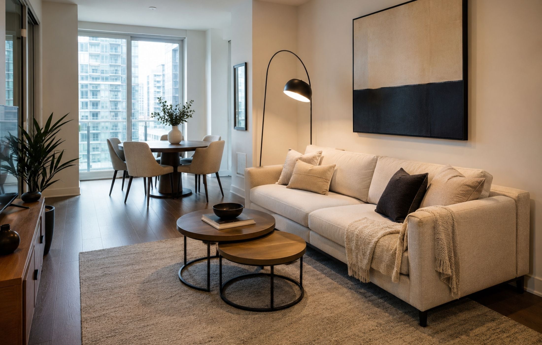 Modern condo living room with a compact neutral sofa, nesting coffee tables, round dining table, and large windows designed to make a small open-concept space look bigger.
