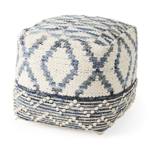 Eshana 16.0L x 16.0W x 16.0H Cream Wool and Denim Patterned Pouf
