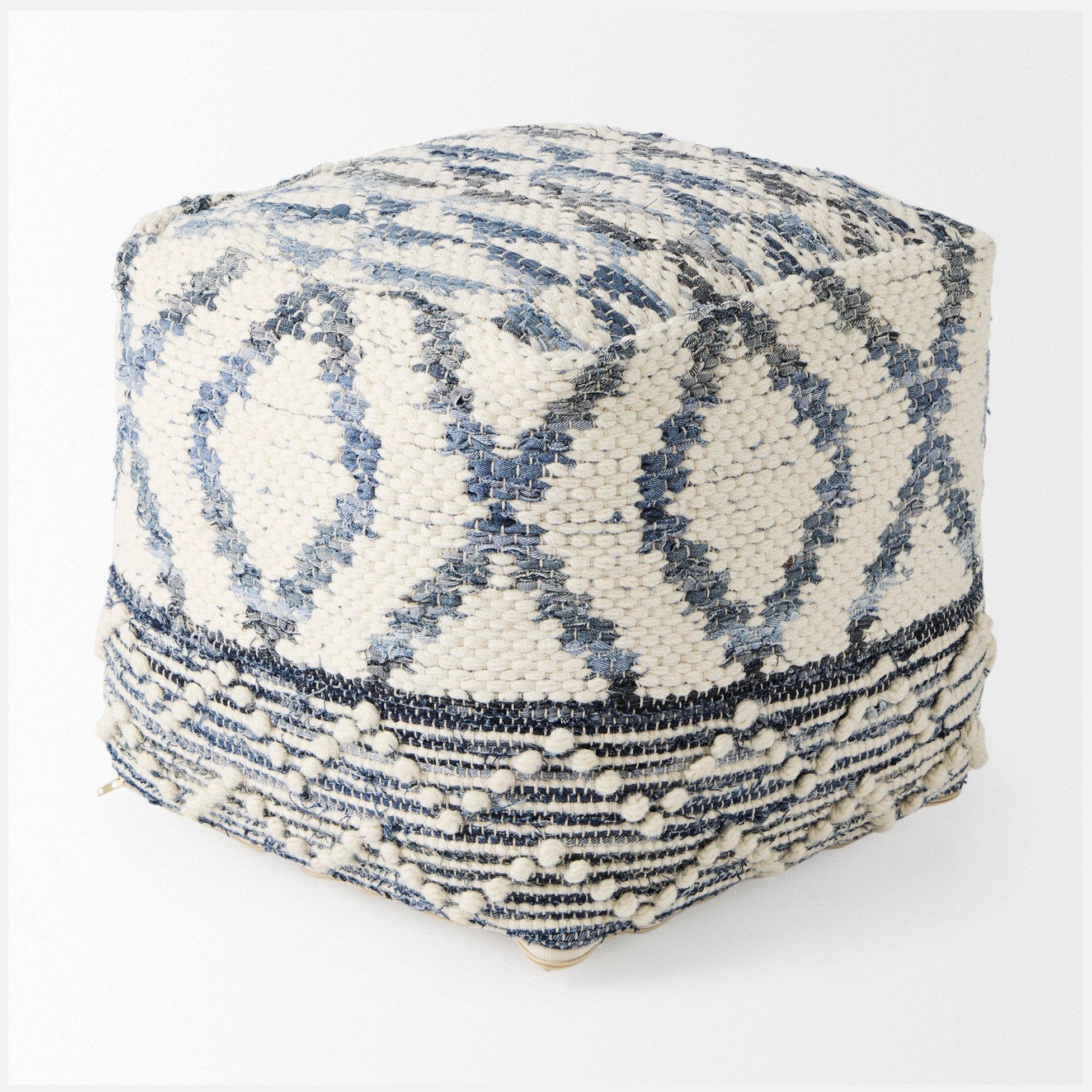 Eshana 16.0L x 16.0W x 16.0H Cream Wool and Denim Patterned Pouf