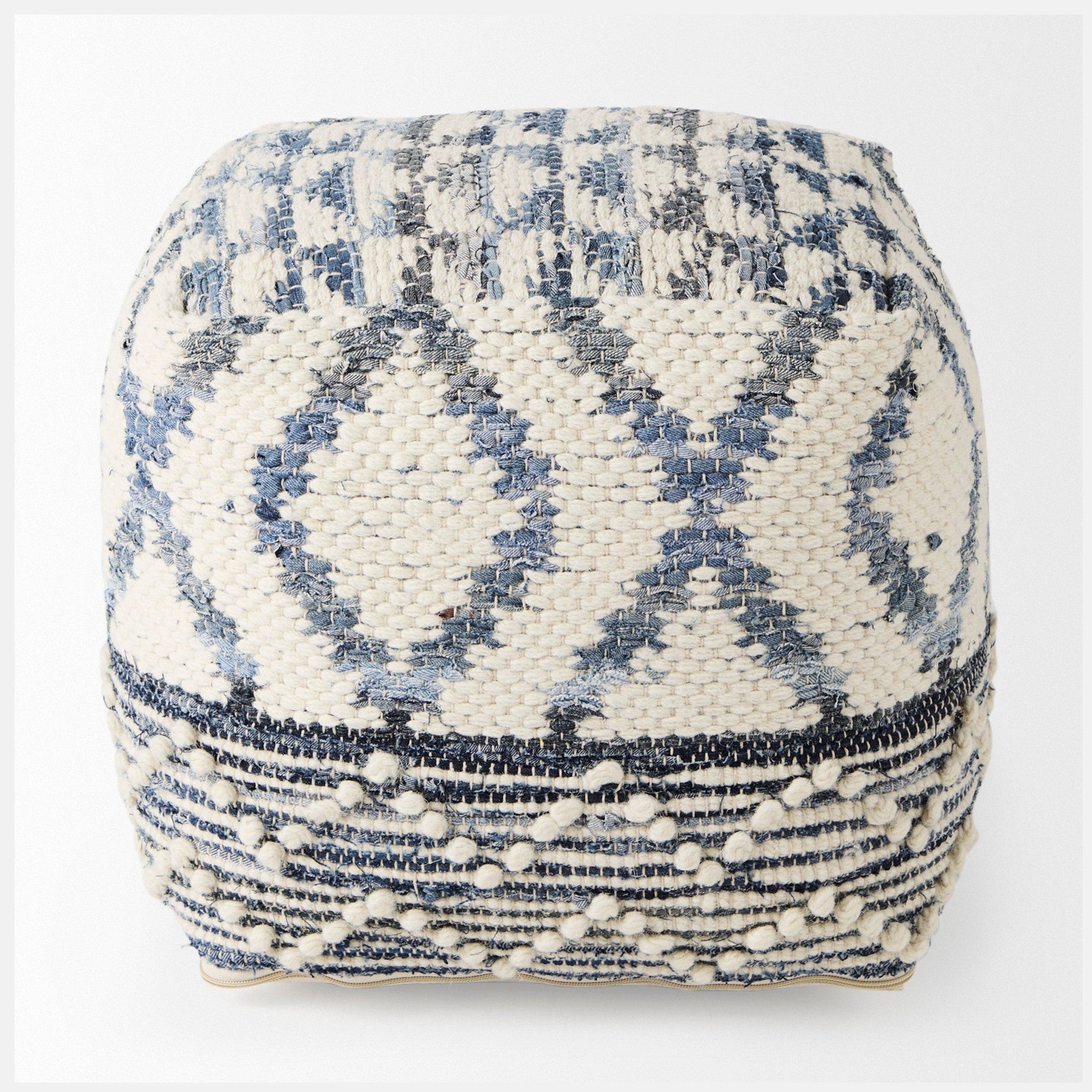 Eshana 16.0L x 16.0W x 16.0H Cream Wool and Denim Patterned Pouf