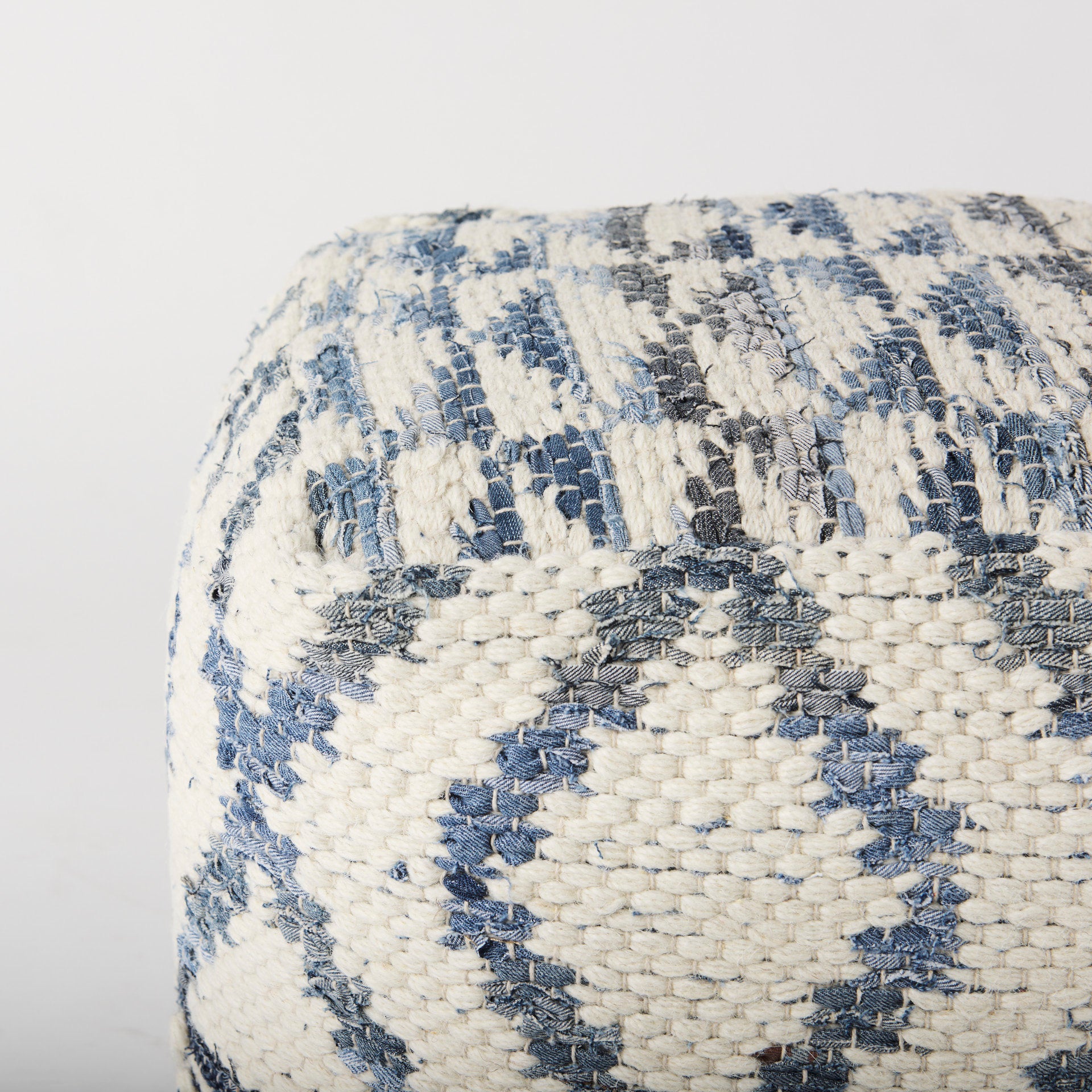 Eshana 16.0L x 16.0W x 16.0H Cream Wool and Denim Patterned Pouf