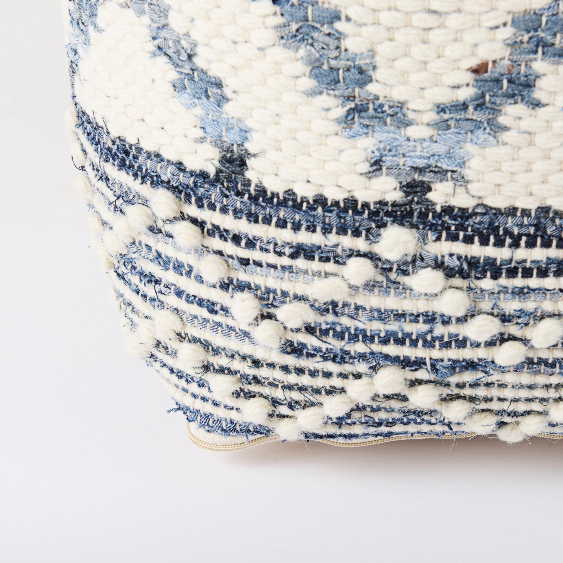 Eshana 16.0L x 16.0W x 16.0H Cream Wool and Denim Patterned Pouf