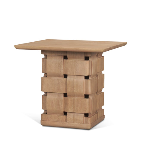 Trellyn Brown Wood w/ Carved Woven Base Square Accent Table
