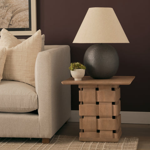 Trellyn Brown Wood w/ Carved Woven Base Square Accent Table