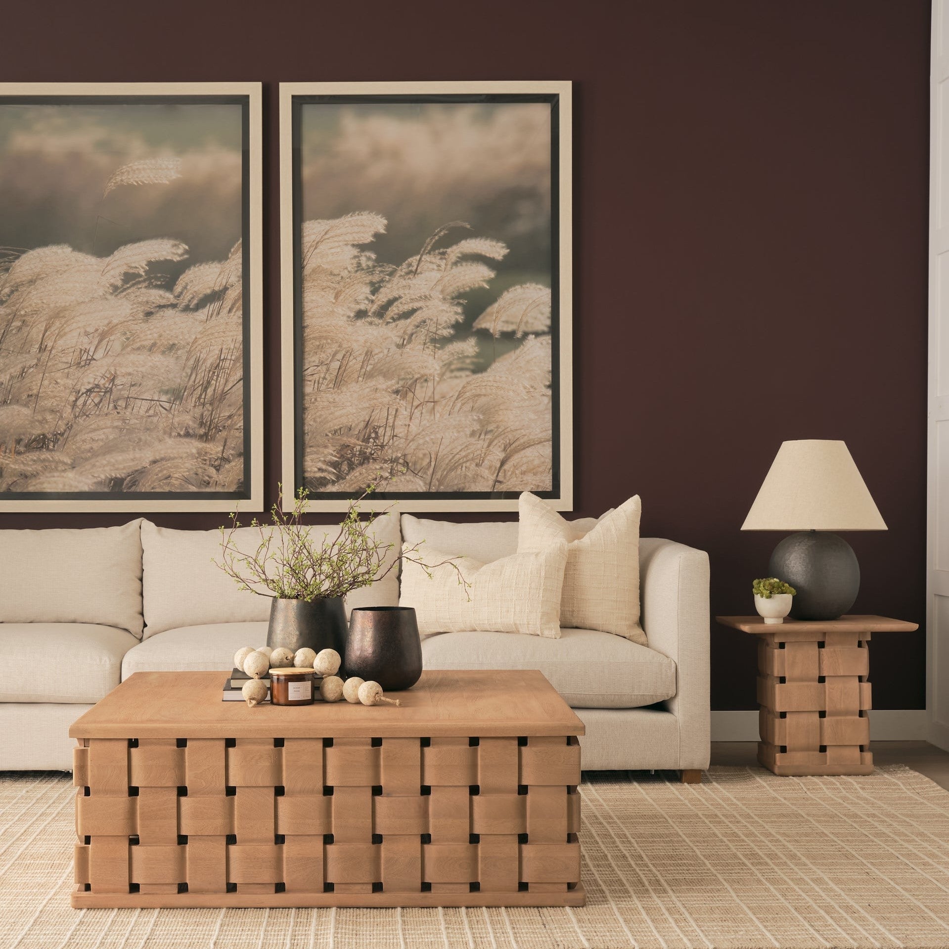 Trellyn 48" Brown Wood w/ Carved Woven Base Square Coffee Table