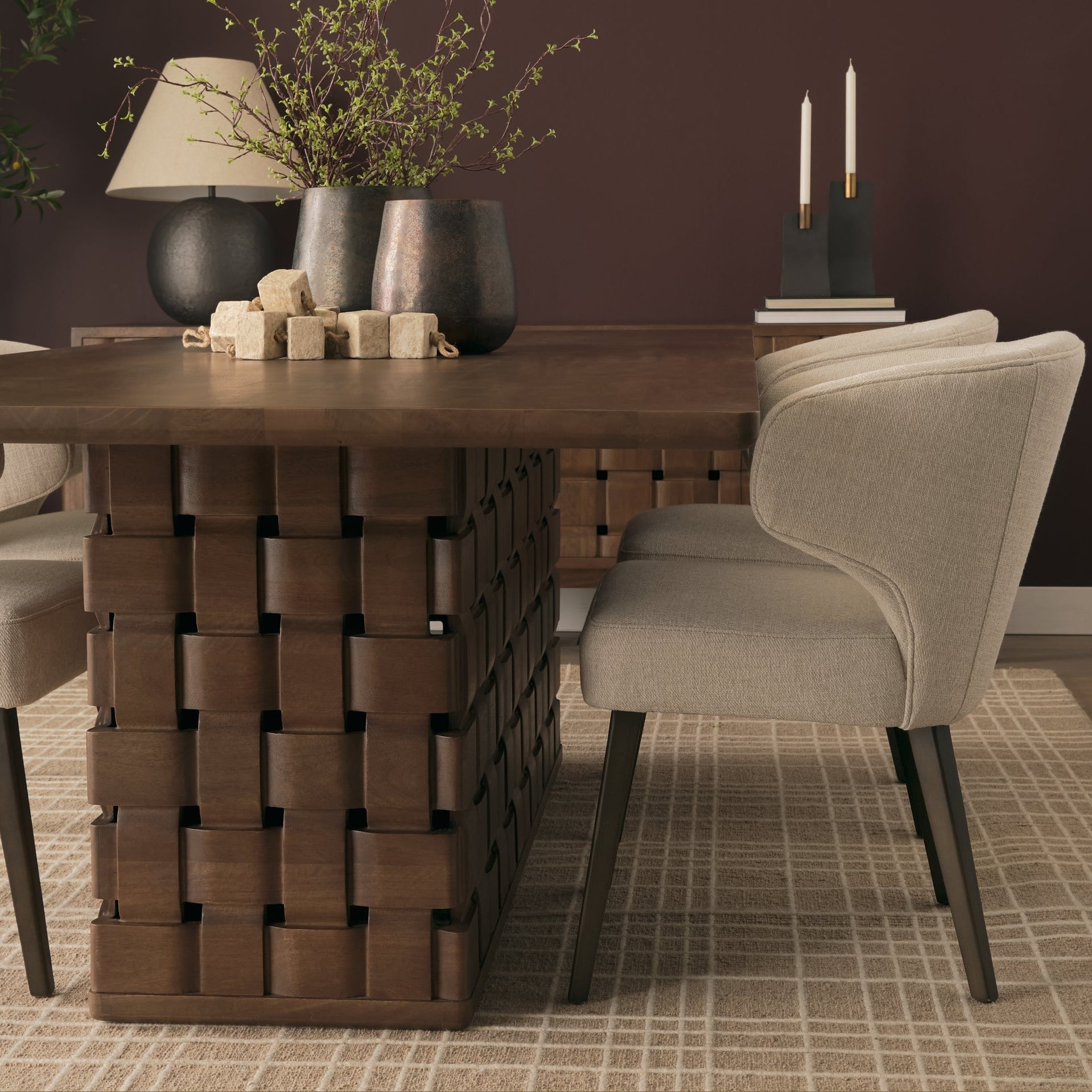 Trellyn Solid Wood Carved Woven Base Rectangular Dining Table