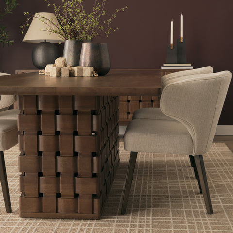 Trellyn Solid Wood Carved Woven Base Rectangular Dining Table