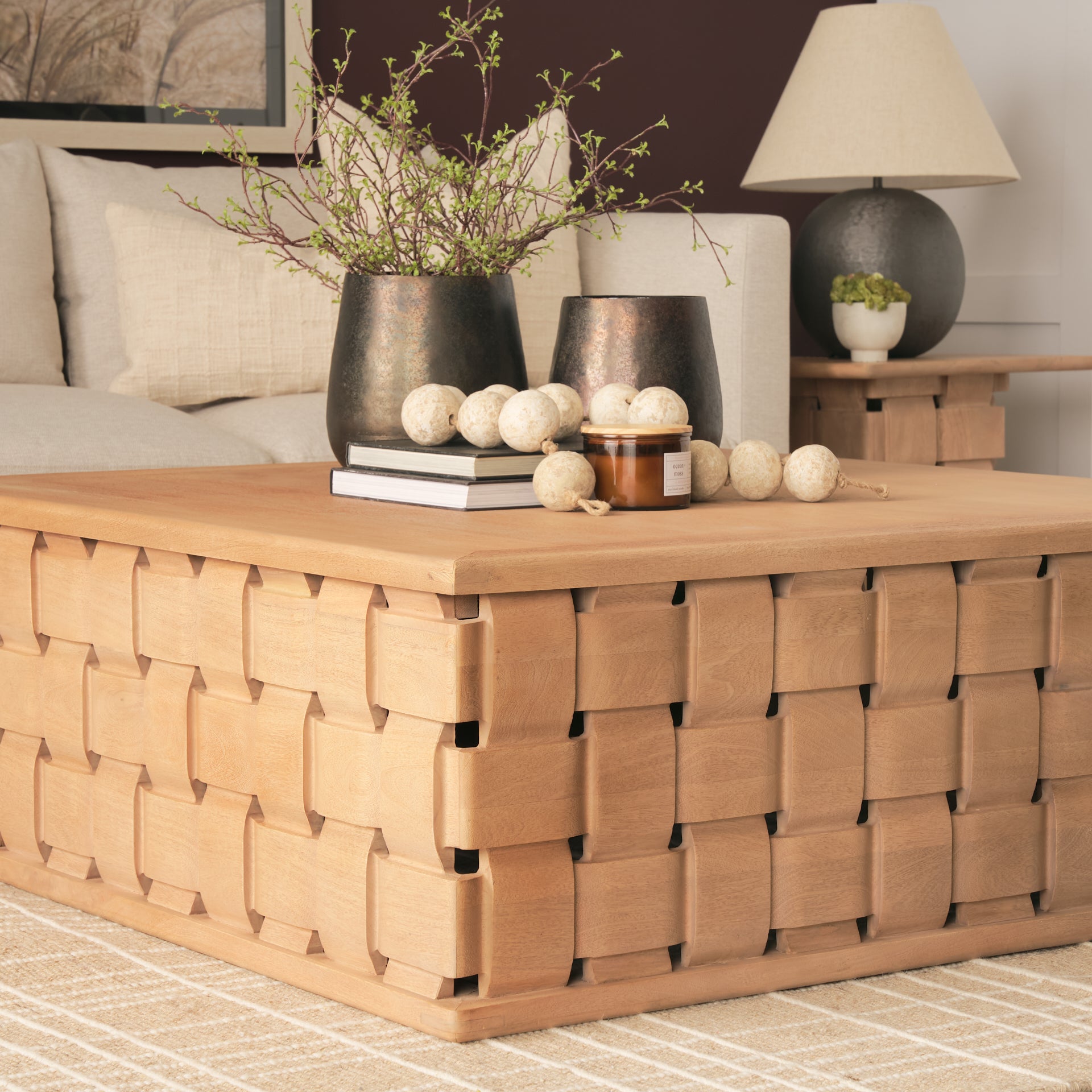 Trellyn 48" Brown Wood w/ Carved Woven Base Square Coffee Table