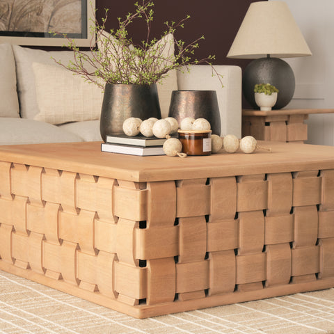 Trellyn 48" Brown Wood w/ Carved Woven Base Square Coffee Table