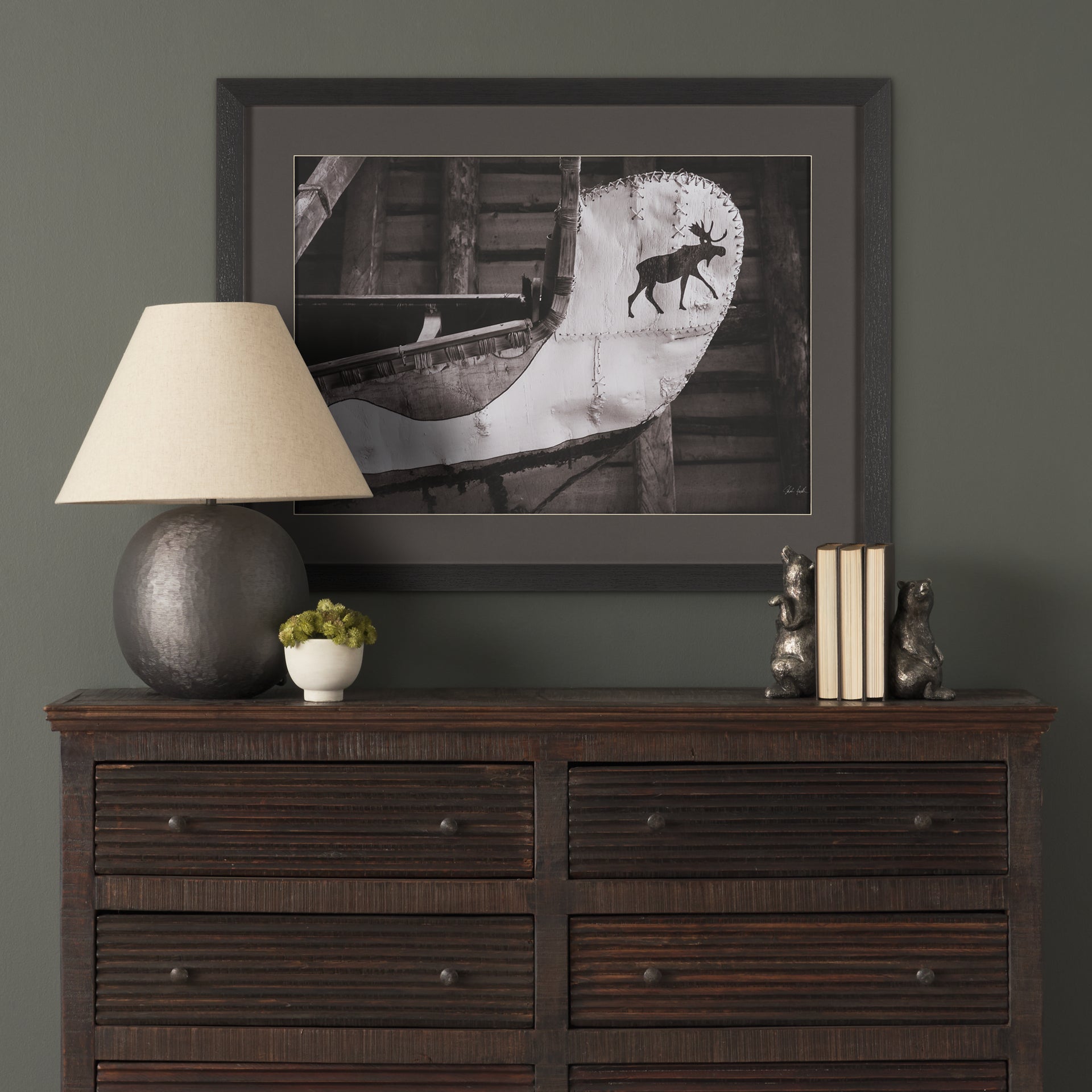 Moose Canoe Framed Art Print Matted under Glass