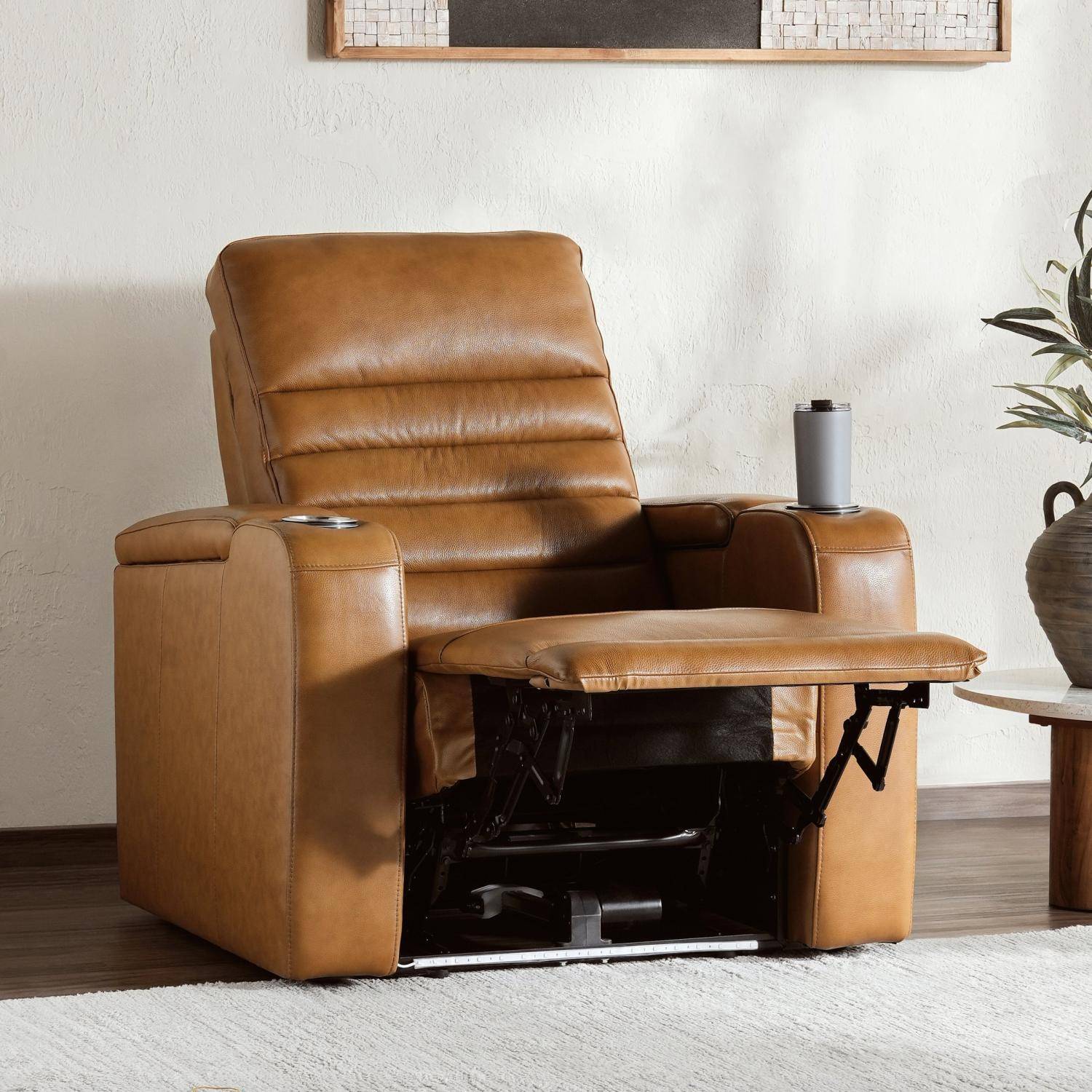 Creston Genuine Leather Power Recliner Chair with Power Headrest – USB/C - LED Lights - Cup Holders & Storage