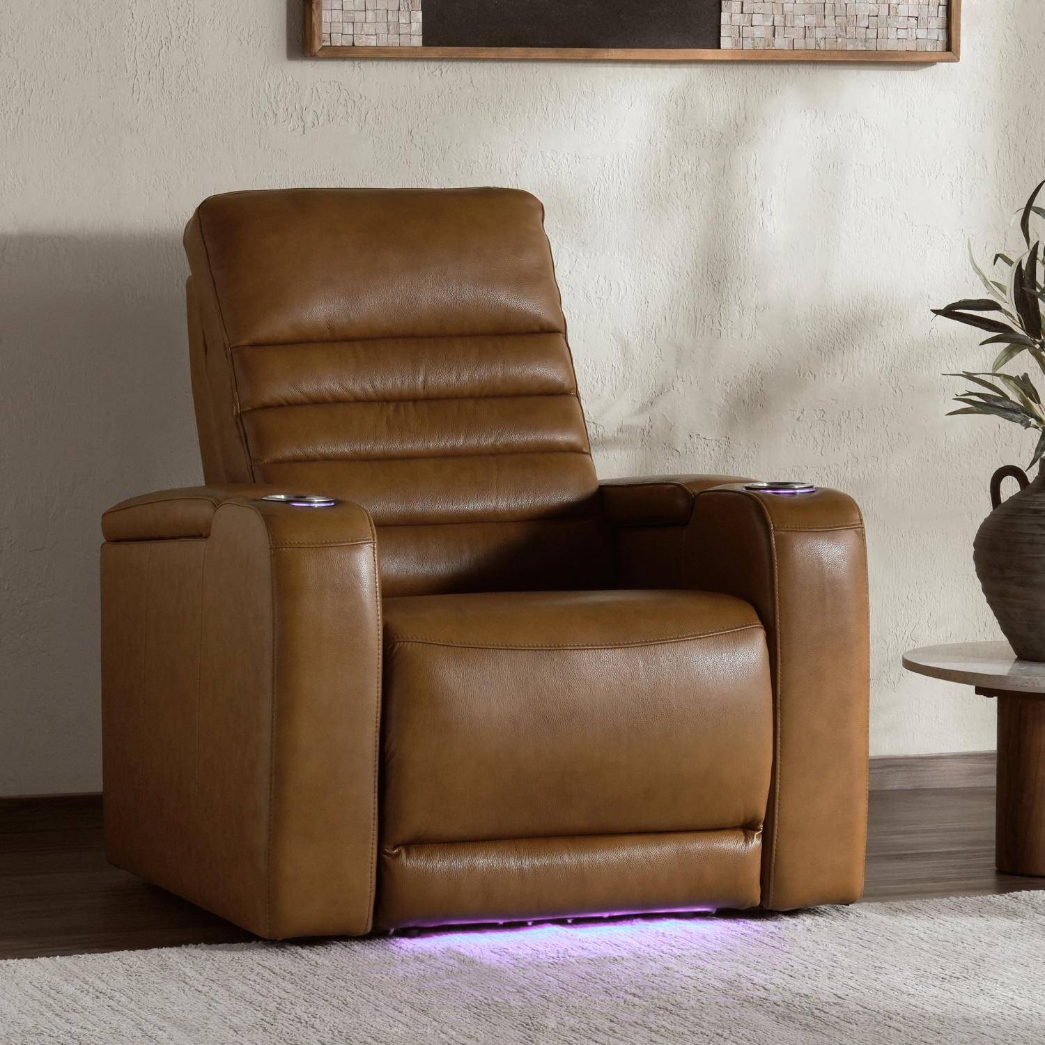Creston Genuine Leather Power Recliner Chair with Power Headrest – USB/C - LED Lights - Cup Holders & Storage