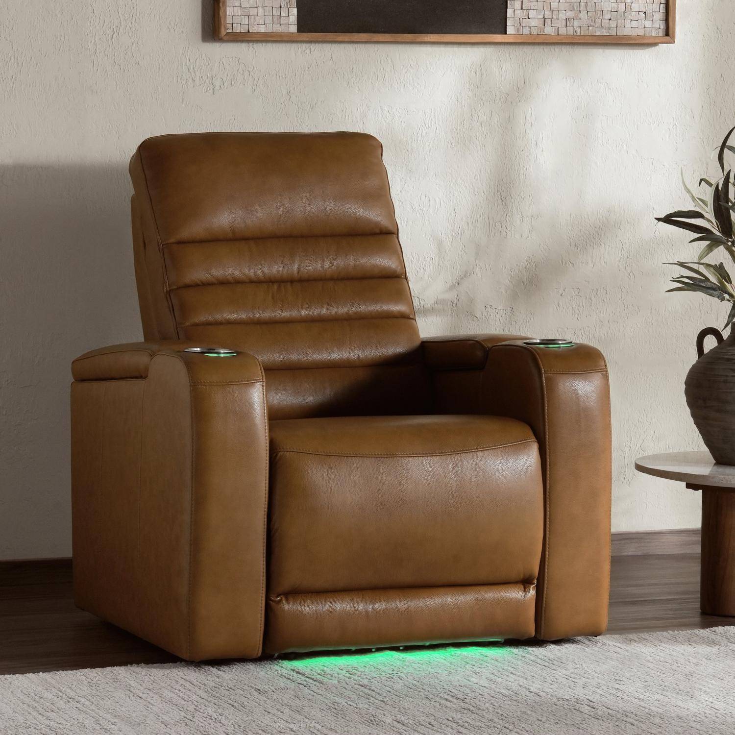 Creston Genuine Leather Power Recliner Chair with Power Headrest – USB/C - LED Lights - Cup Holders & Storage