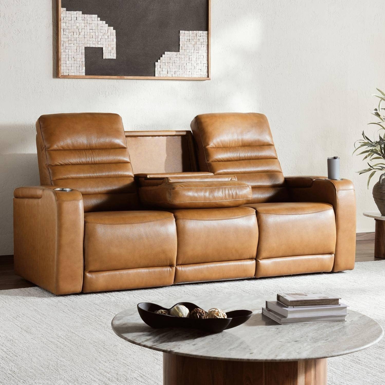 Creston Genuine Leather 3-Seater Power Recliner Sofa with Power Headrest Wireless Charging, USB/C LED lights – Cup Holders & Storage