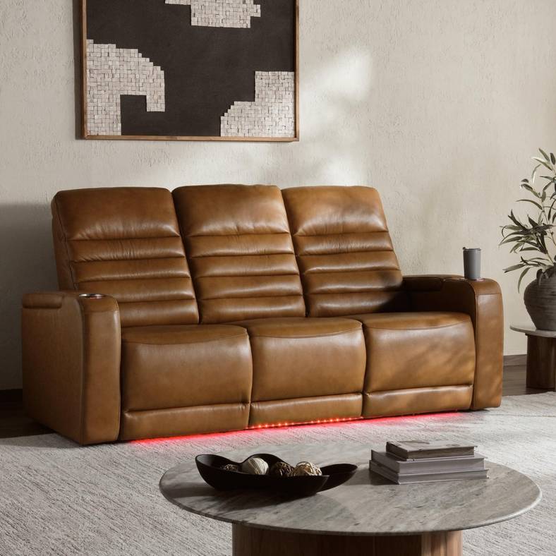 Creston Genuine Leather 3-Seater Power Recliner Sofa with Power Headrest Wireless Charging, USB/C LED lights – Cup Holders & Storage