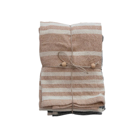 Cotton Double Cloth Striped Tea Towels w/ Jute & Wood Bead Tie- Set of 2