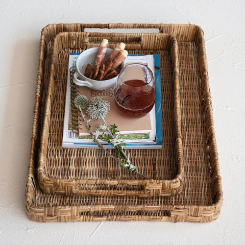 Decorative Hand-Woven Rattan Trays w/ Handles, Natural