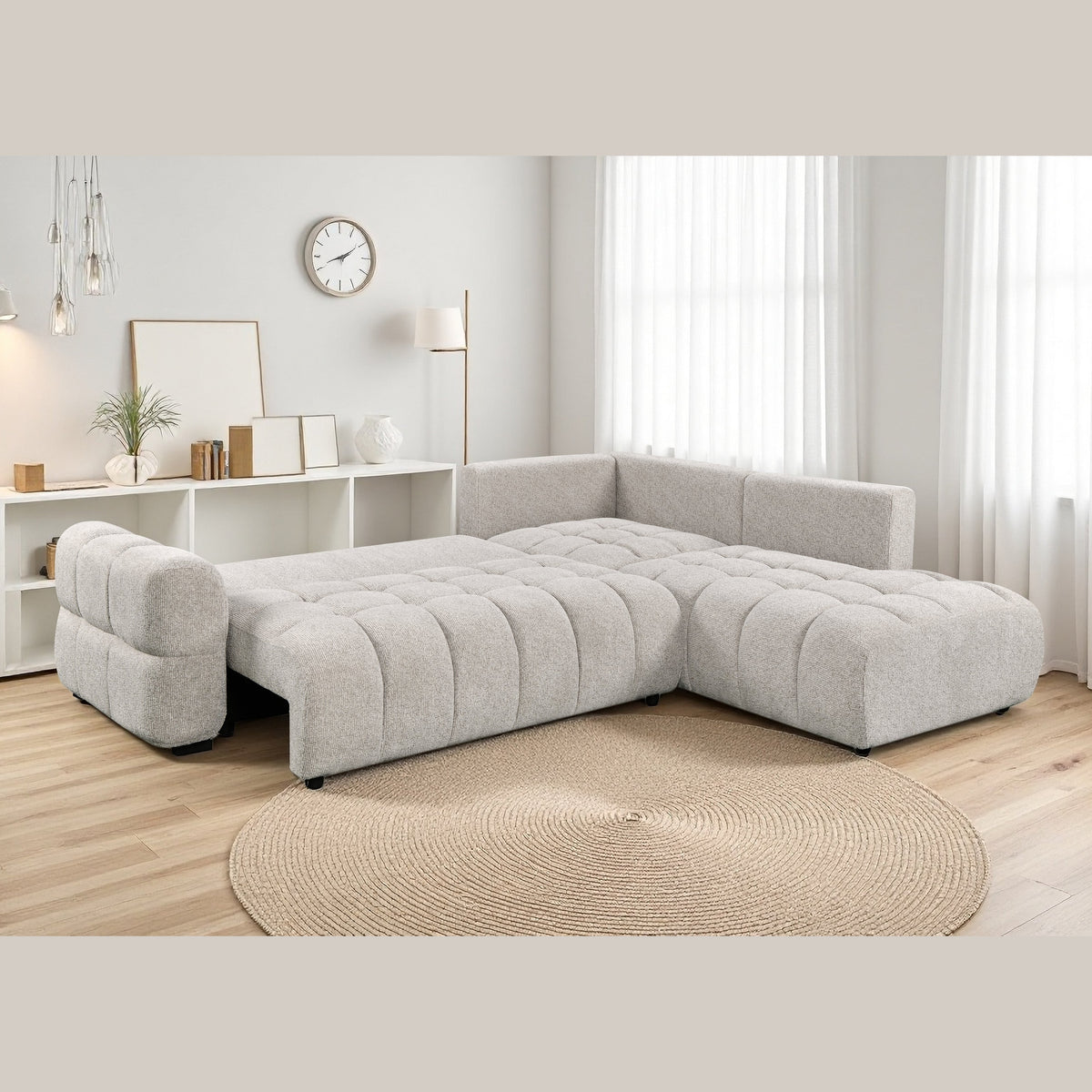Tobia Pull-Out Sleeper Sectional with Storage Chaise – Oatmeal