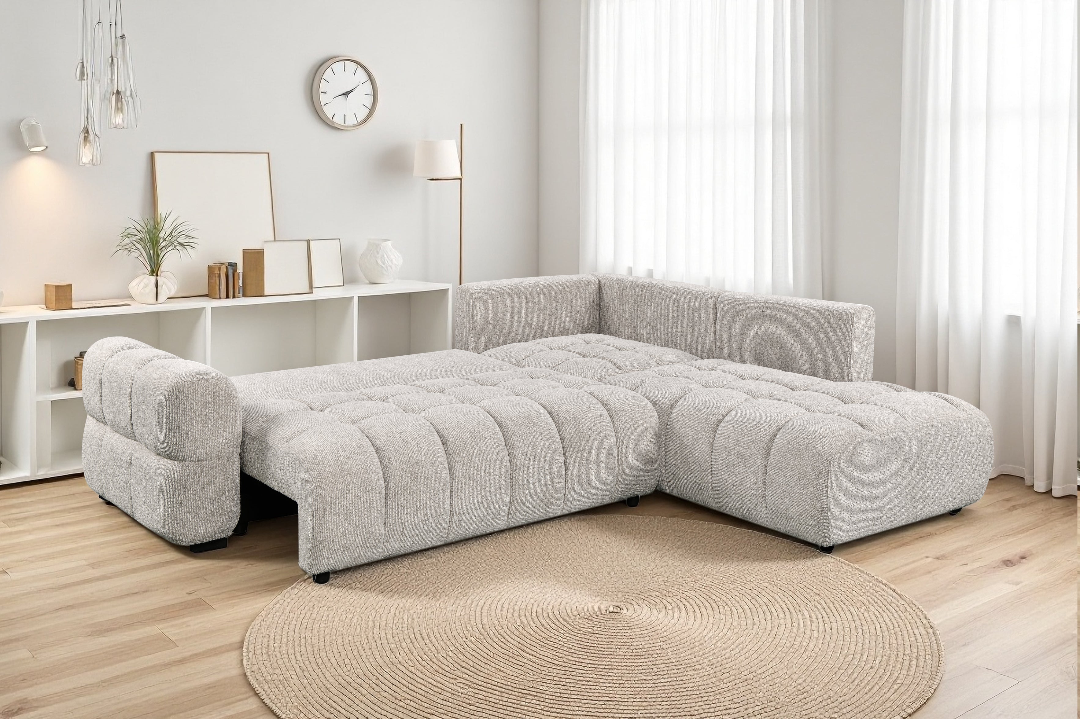 Tobia Pull-Out Sleeper Sectional with Storage Chaise – Oatmeal