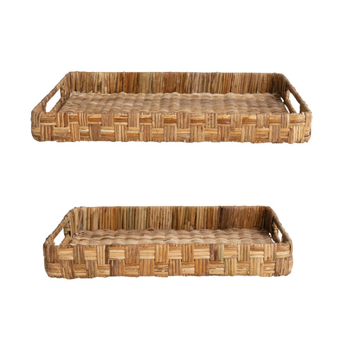 Decorative Hand-Woven Rattan Trays w/ Handles, Natural, Set of 2