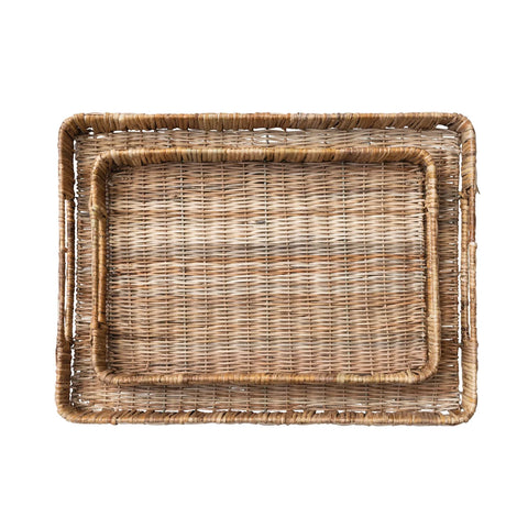 Decorative Hand-Woven Rattan Trays w/ Handles, Natural, Set of 2