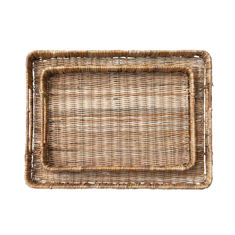 Decorative Hand-Woven Rattan Trays w/ Handles, Natural