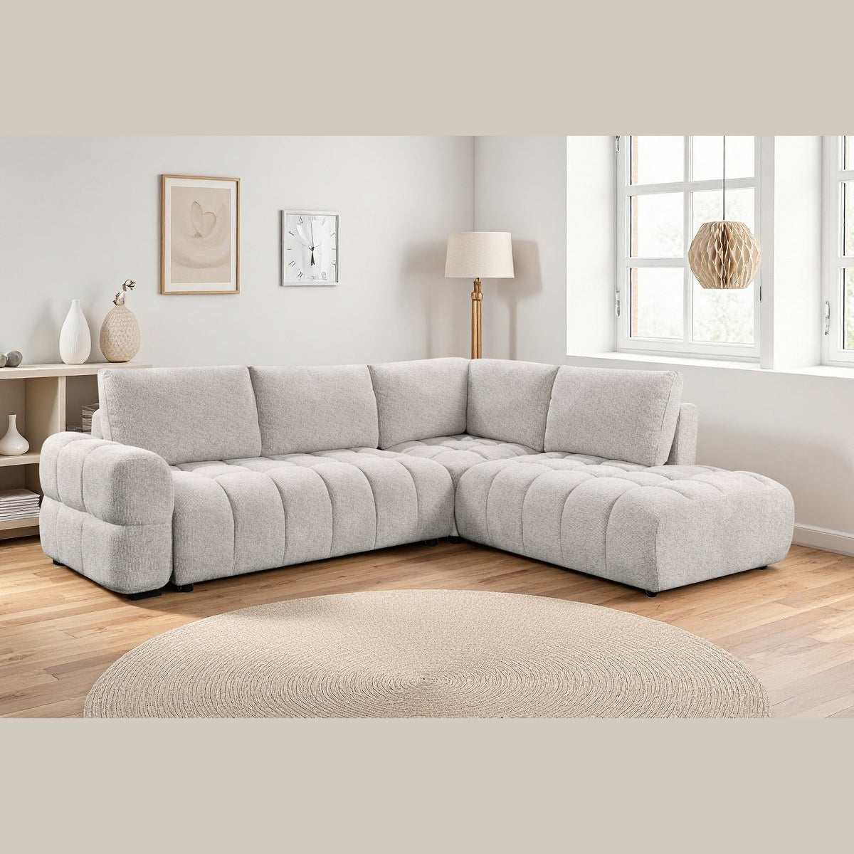 Tobia Pull-Out Sleeper Sectional with Storage Chaise – Oatmeal