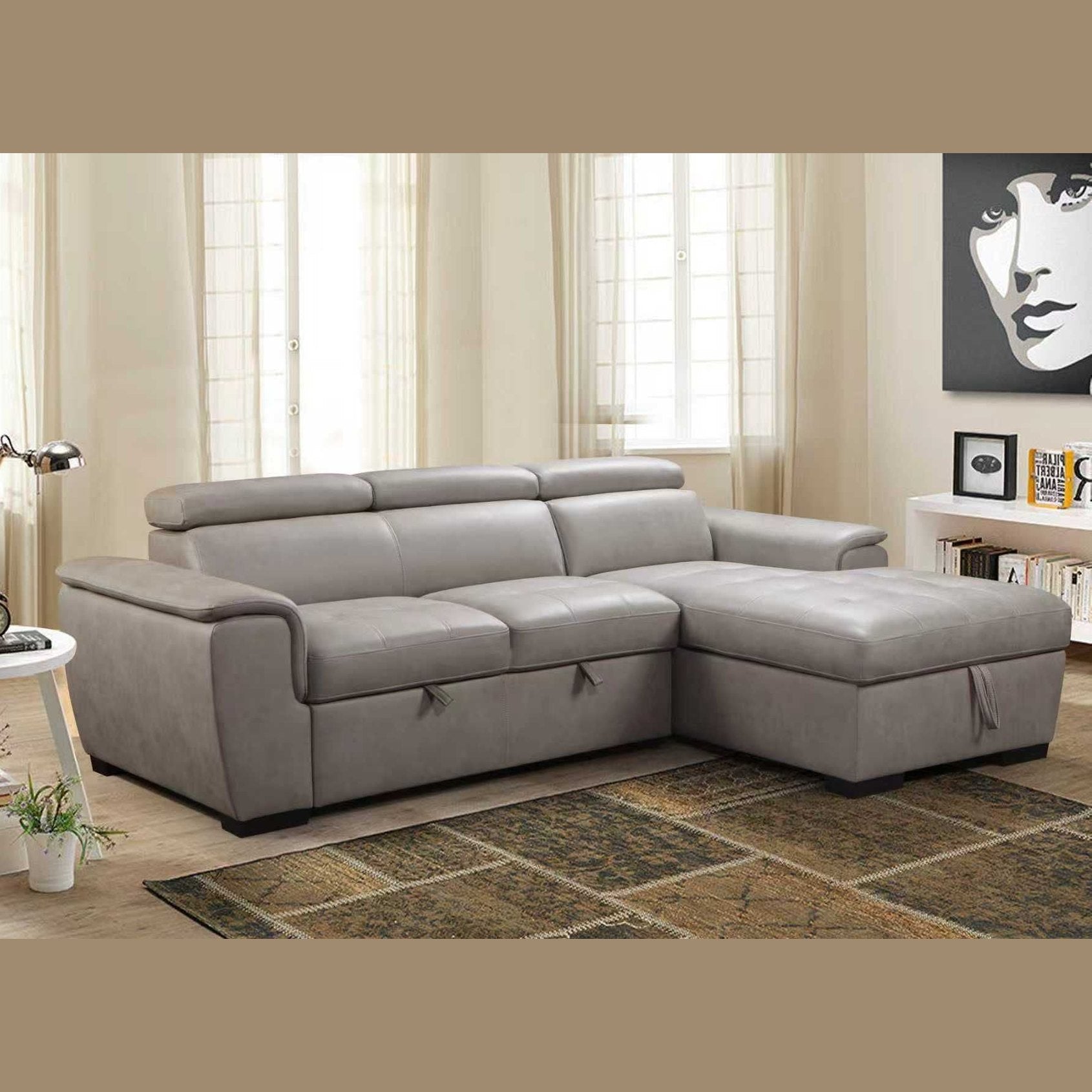 Romi Sofa Sleeper Sectional  with Adjustable Headrest,  Pull-Out Sleeper & Right Storage  Chaise – Light Grey