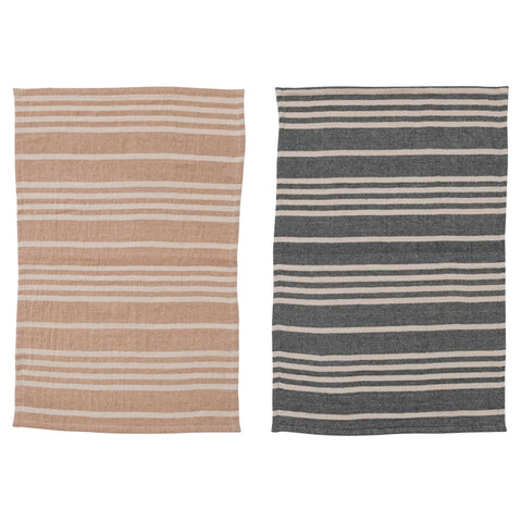 Cotton Double Cloth Striped Tea Towels w/ Jute & Wood Bead Tie- Set of 2