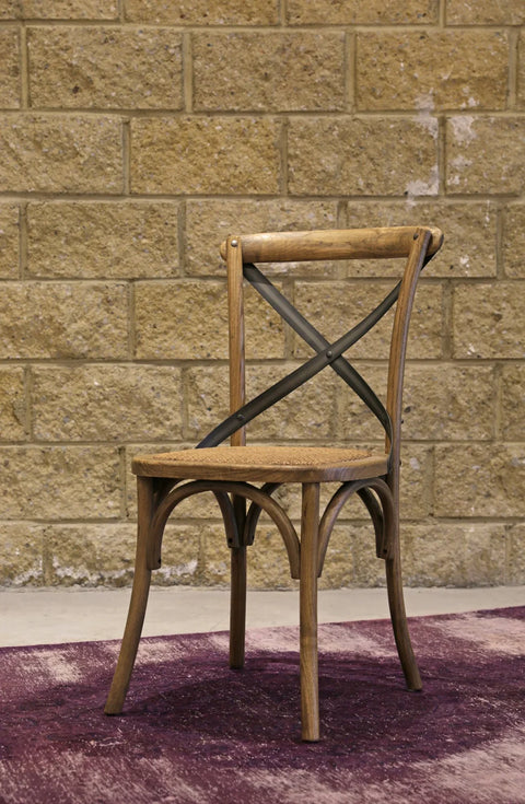 Cross Back Chair w/ Rattan Seat - Natural Rustic