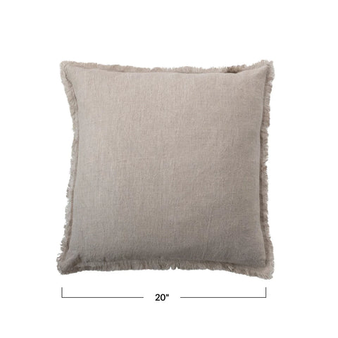 20" Square Stonewashed Linen Pillow w/ Fringe, Natural