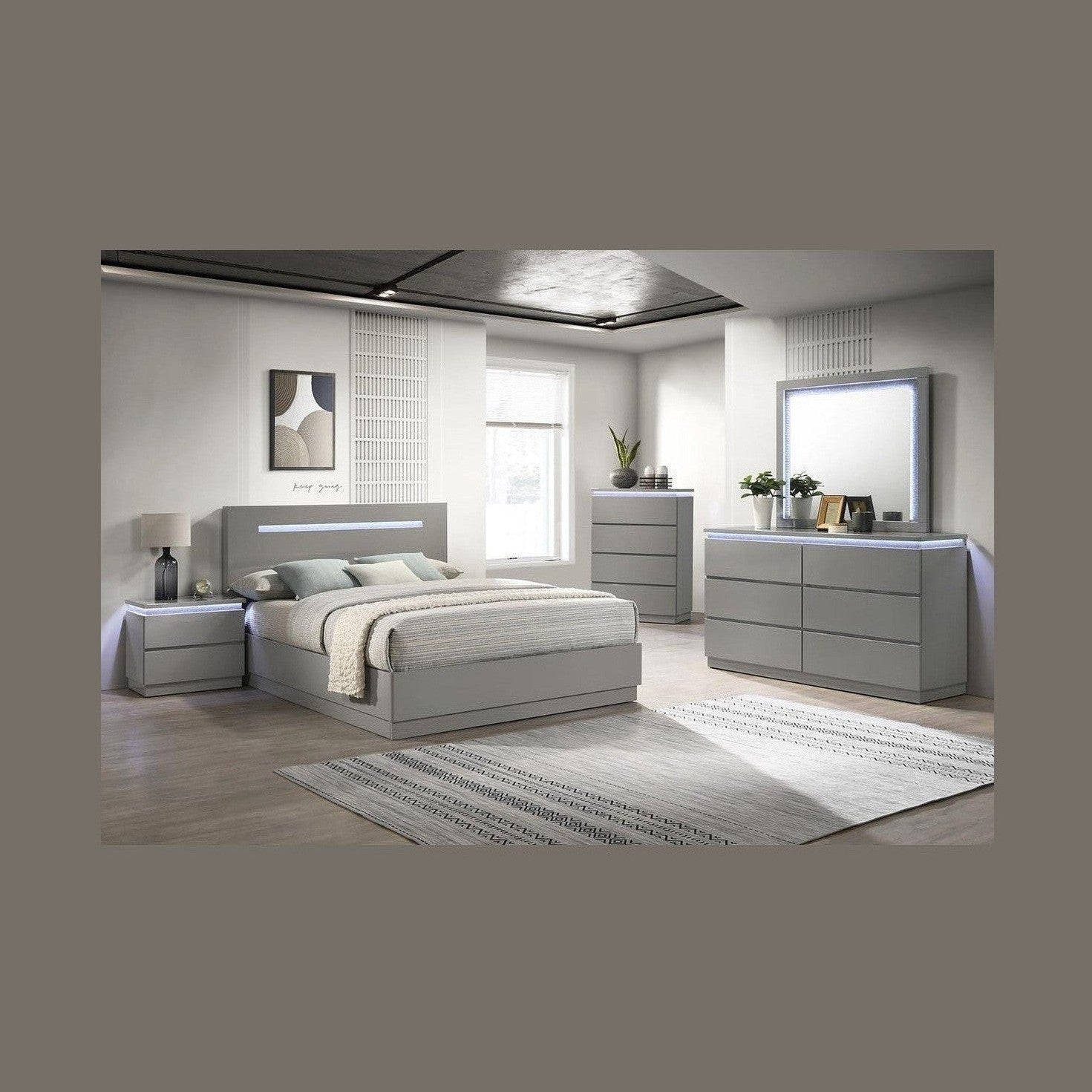 Casia Gloosy Bed with LED Lights - Grey