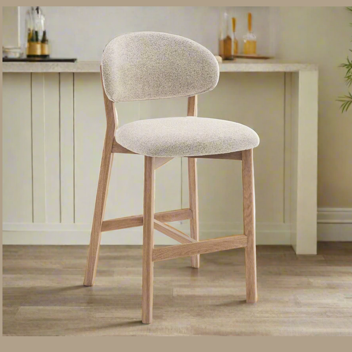 Milena Counter Stool - Beige Upholstery with Natural Oak Wood Frame