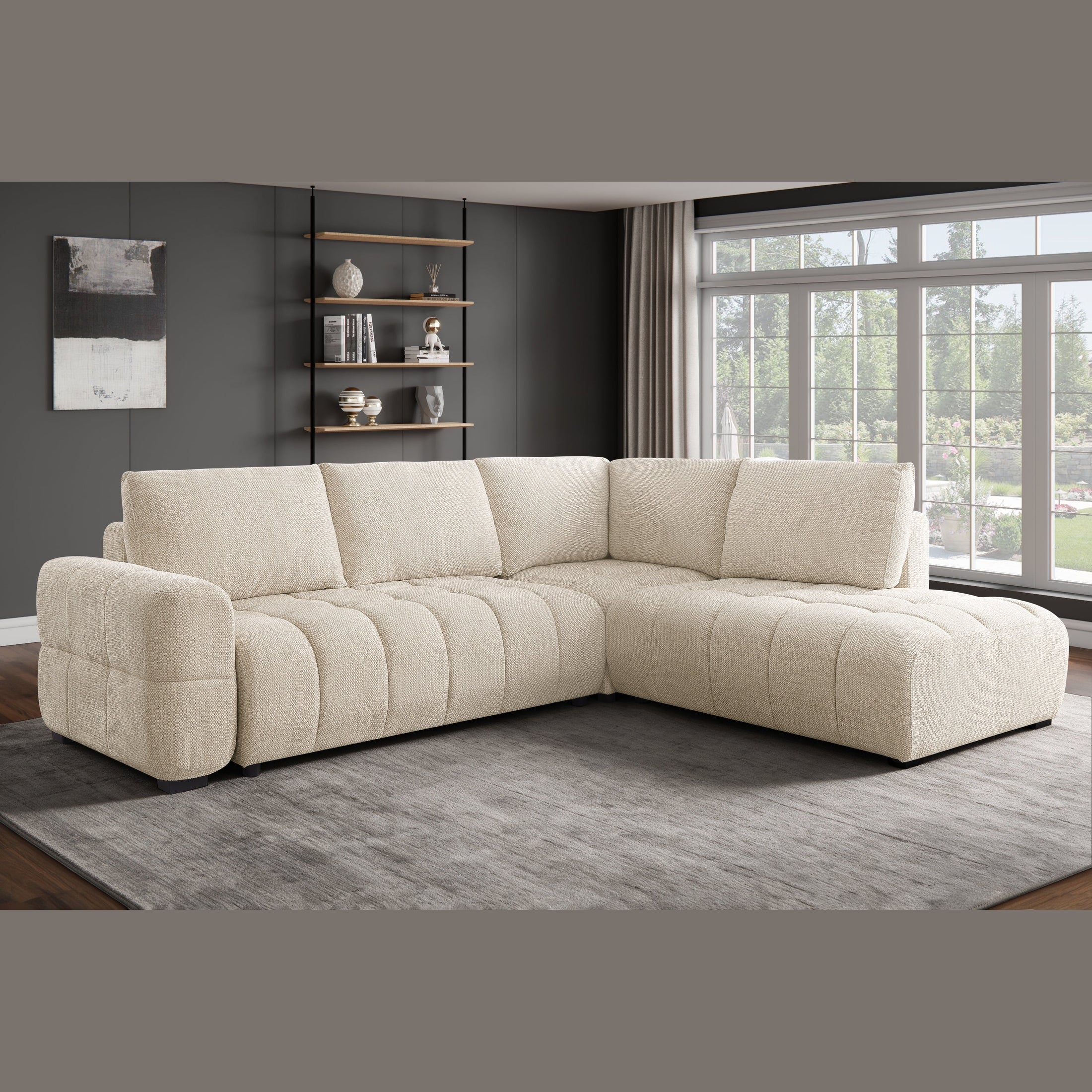 Trevio Pull-Out Sleeper Sectional with Chaise – Warm Beige