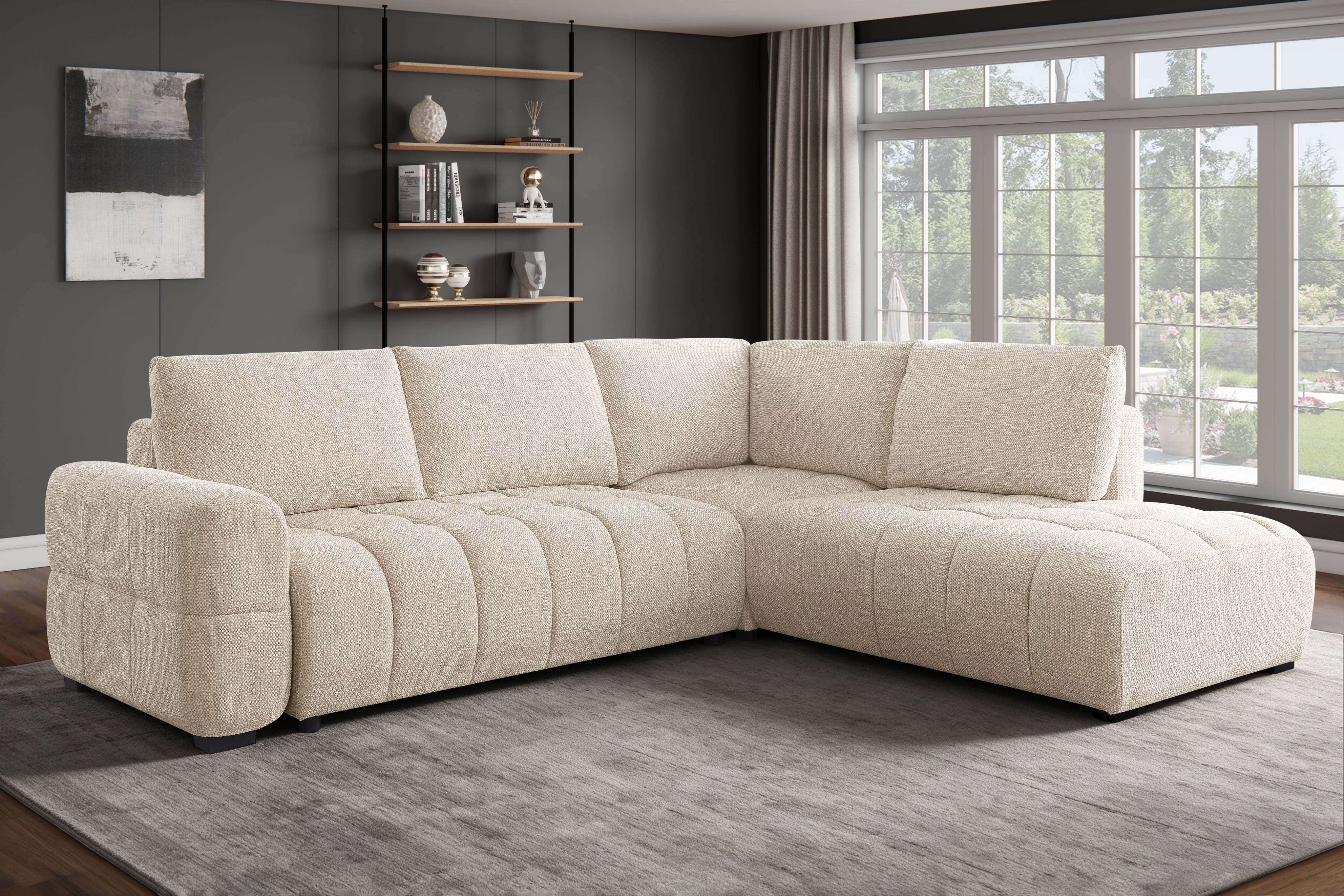 Trevio Pull-Out Sleeper Sectional with Chaise – Warm Beige