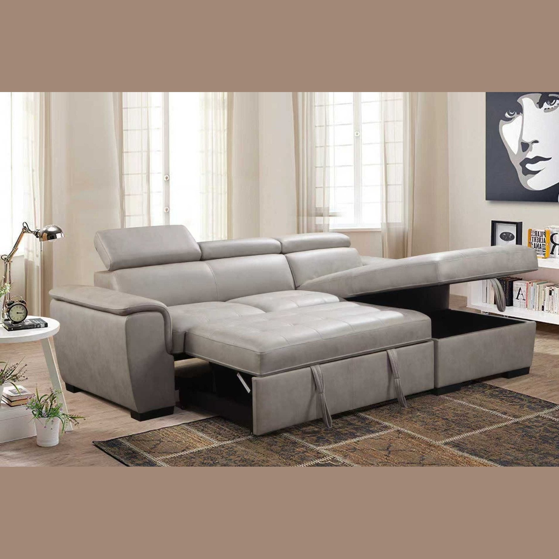 Romi Sofa Sleeper Sectional  with Adjustable Headrest,  Pull-Out Sleeper & Right Storage  Chaise – Light Grey
