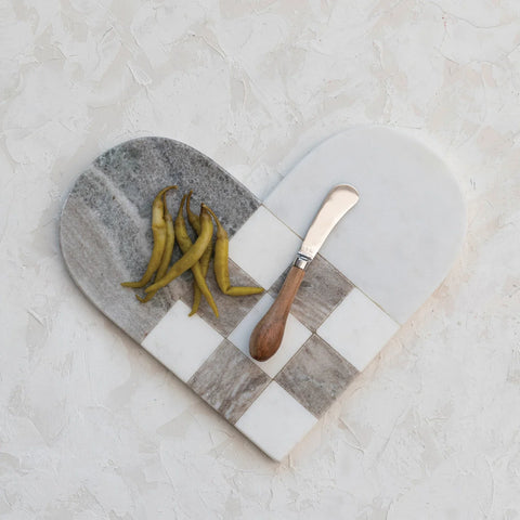 Two-Tone Marble Heart Shaped Cheese/Cutting Board w/ Canape Knife - Grey & White