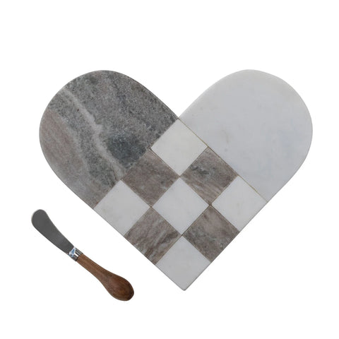 Two-Tone Marble Heart Shaped Cheese/Cutting Board w/ Canape Knife - Grey & White