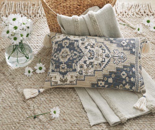 Winbury Medallion Decorative Pillow – Blue, Tan & White | Set of 4