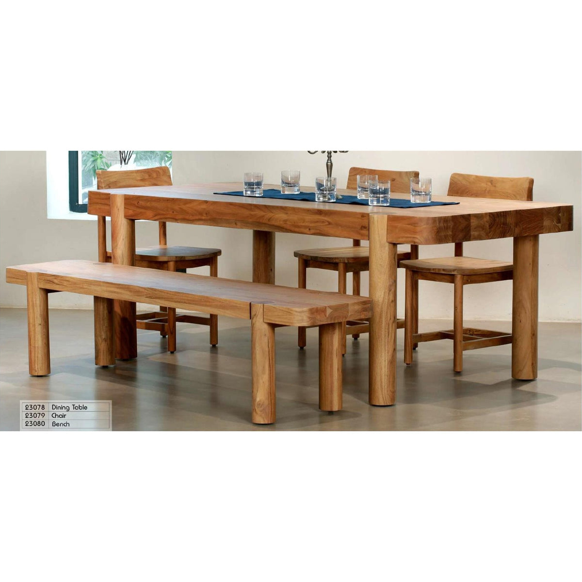 Haini Acacia Wood Round Leg Dining Table and haini dining bench