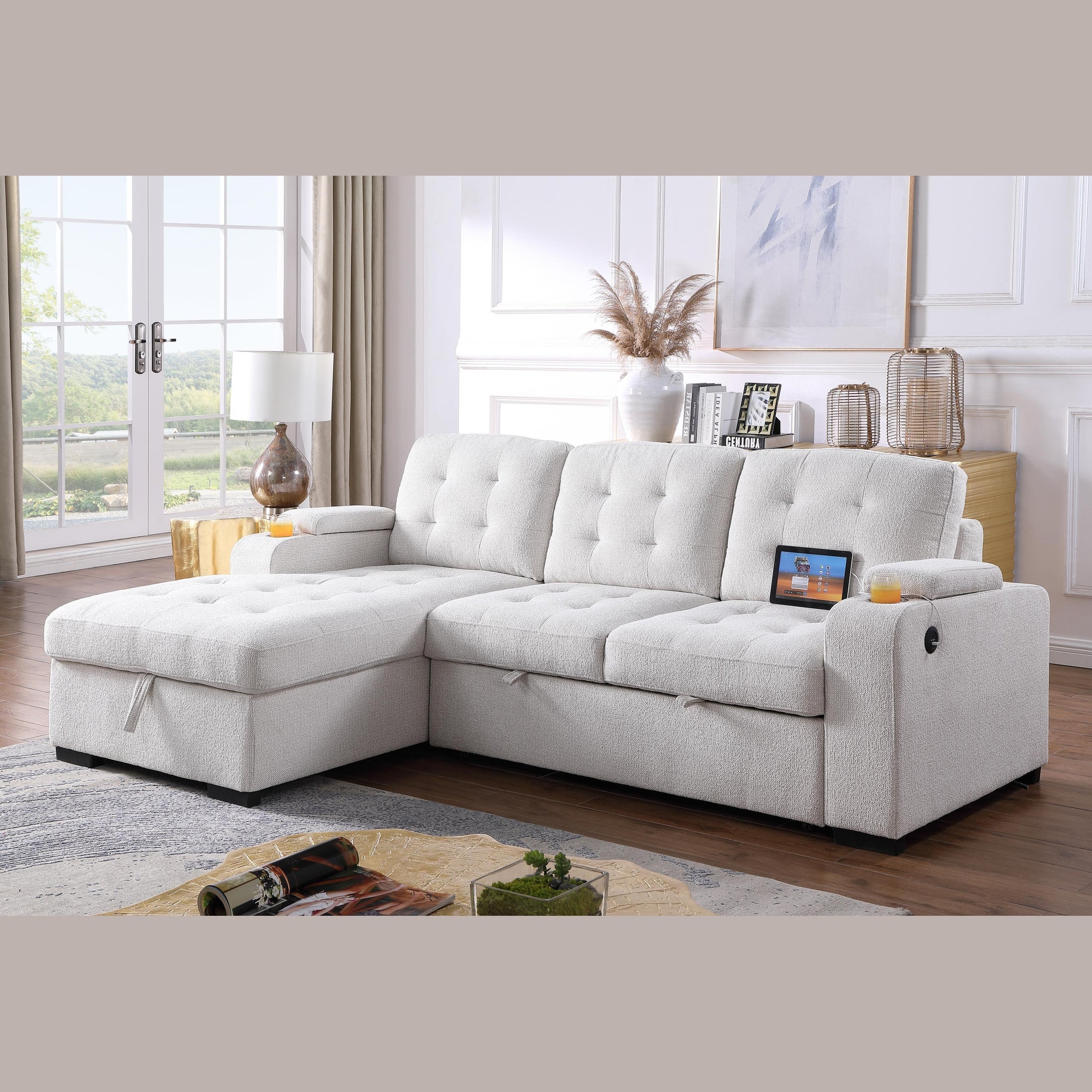 Alonso Media Sleeper Sectional in with USB and Cup Holder