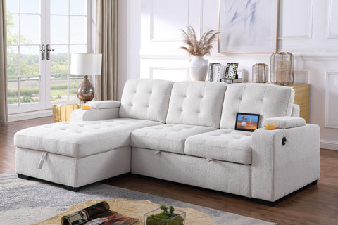 Alonso Media Sleeper Sectional in with USB and Cup Holder - Ecru