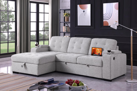 Alonso Media Sleeper Sectional in with USB and Cup Holder - Greige